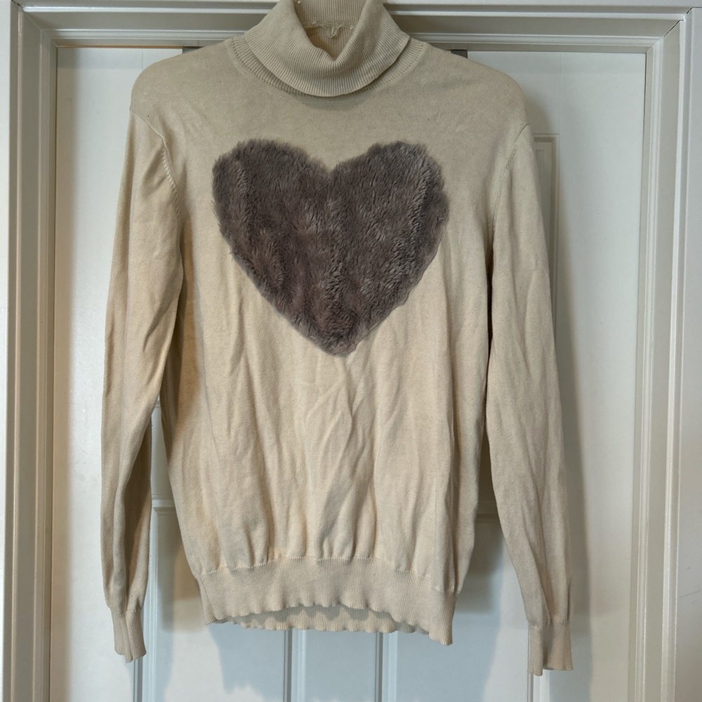 Cream and Brown Cowl Neck Sweater with Heart Design